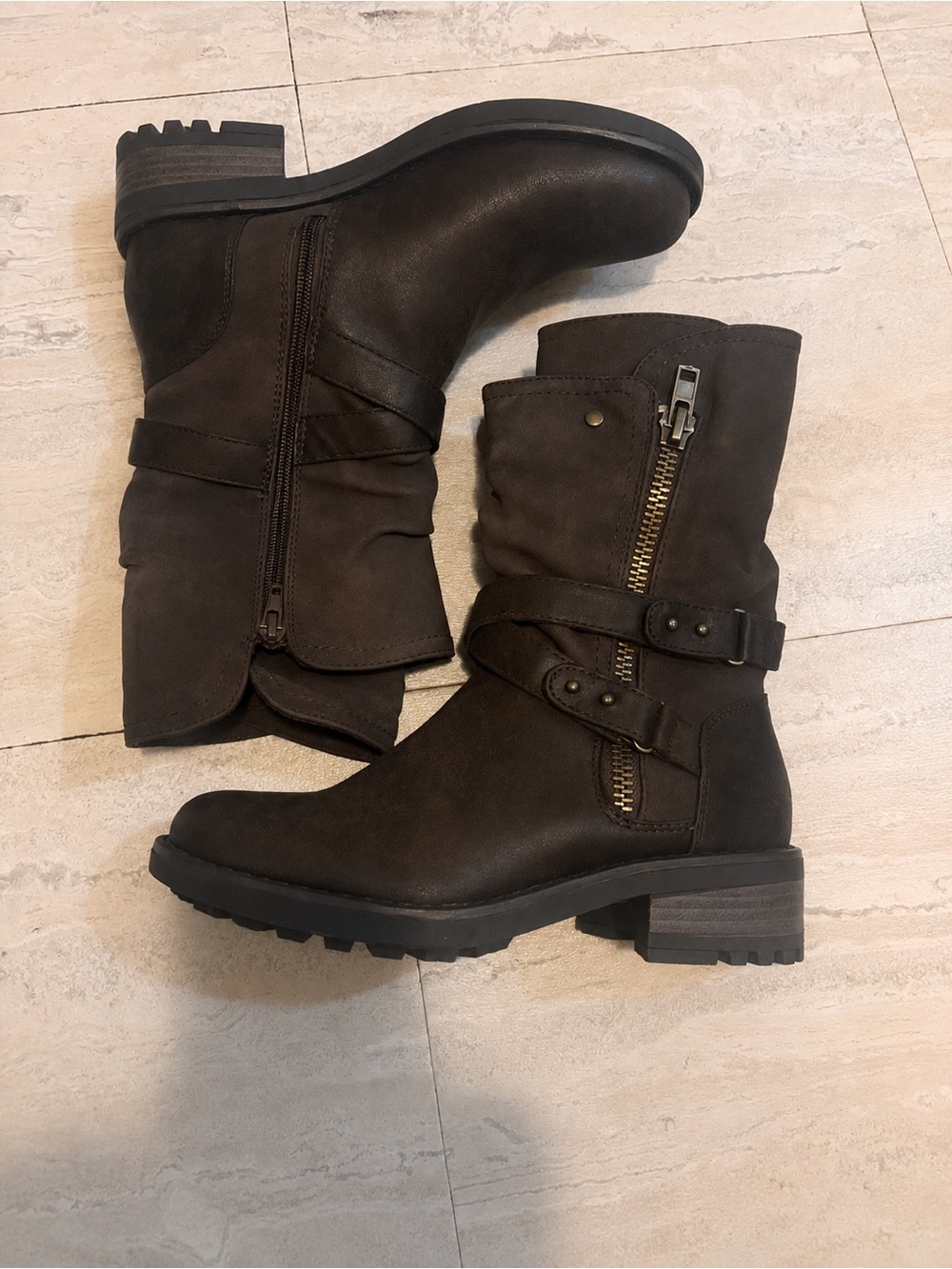 Fergalicious Dark Brown Lace-Up Moto Boots with Buckle Straps